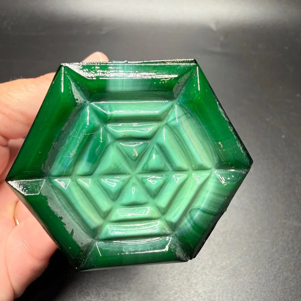 Vintage Malachite Glass Bud Vase Emerald Green Art Deco Hexagonal Tiered 4 inch